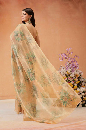 Beige  Floral Printed Tissue  Saree