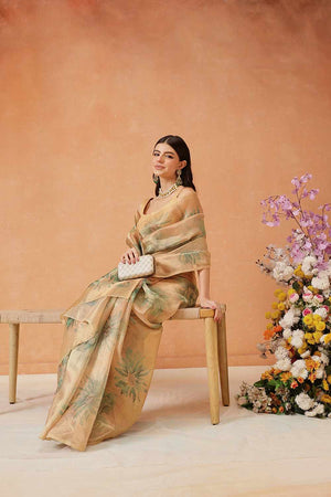 Beige  Floral Printed Tissue  Saree