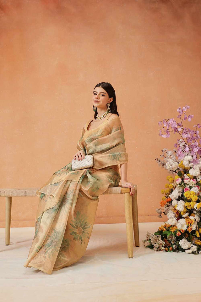 Beige  Floral Printed Tissue  Saree