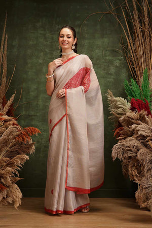 Beige Solid Tissue  Saree
