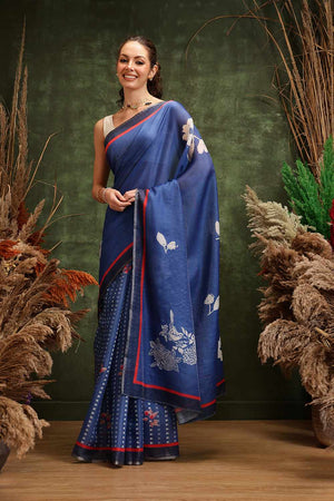 Blue  Floral Printed Tissue  Saree