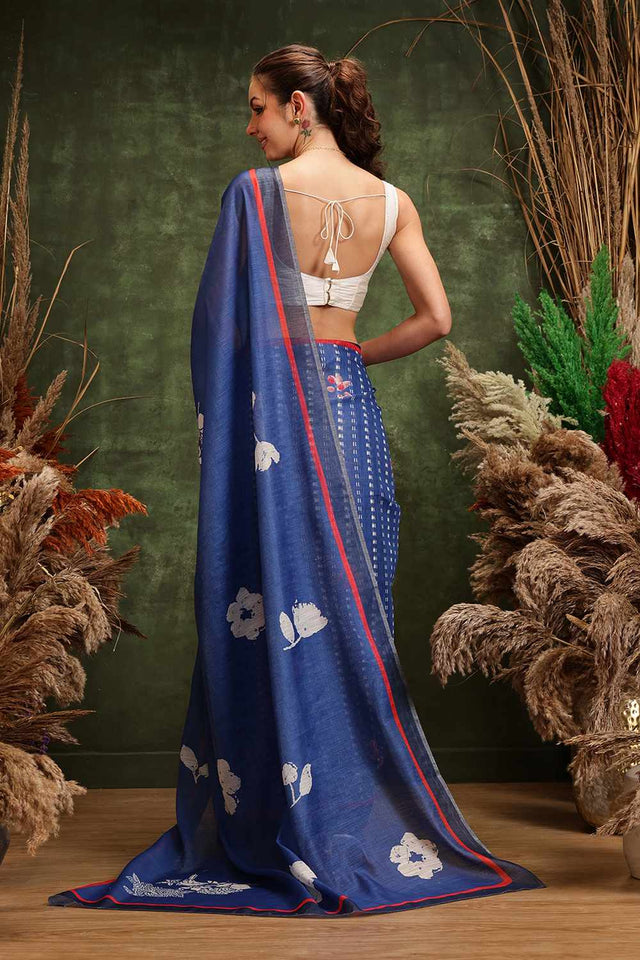 Blue  Floral Printed Tissue  Saree
