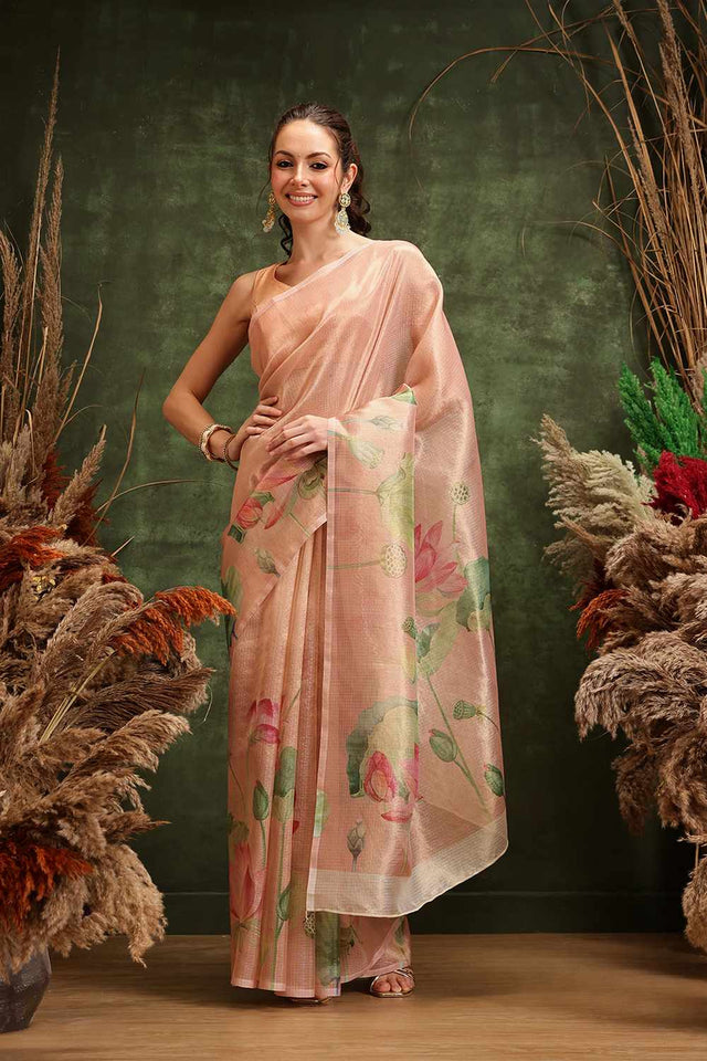 Orange  Floral Printed Tissue  Saree