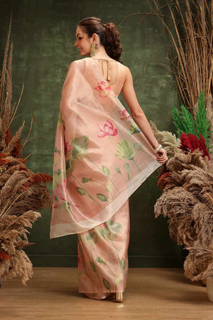 Orange  Floral Printed Tissue  Saree