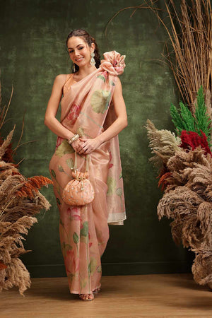 Orange  Floral Printed Tissue  Saree