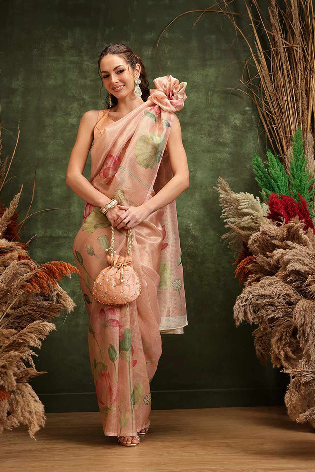 Orange  Floral Printed Tissue  Saree