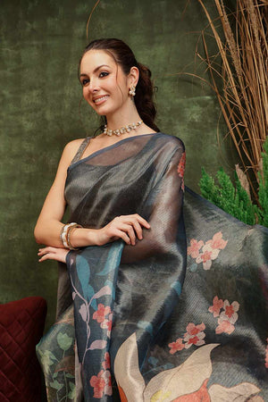 Turquoise  Floral Printed Tissue  Saree
