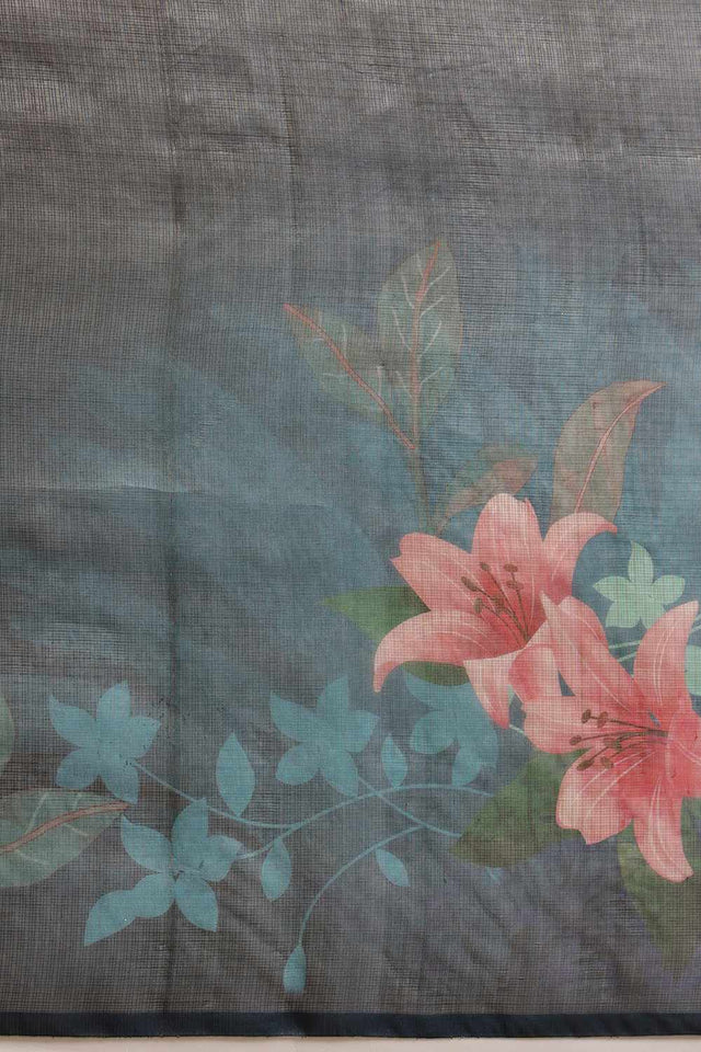 Turquoise  Floral Printed Tissue  Saree