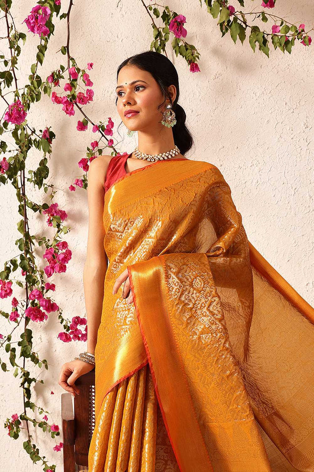 Mustard Zari Woven Silk Saree