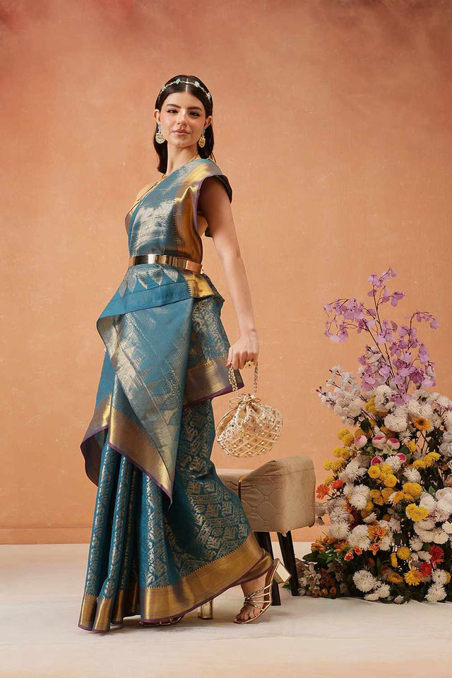 Turquoise Kanjivaram  Silk Zari Saree