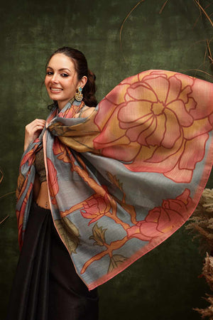 Black Half & Half Floral Printed Silk  Saree