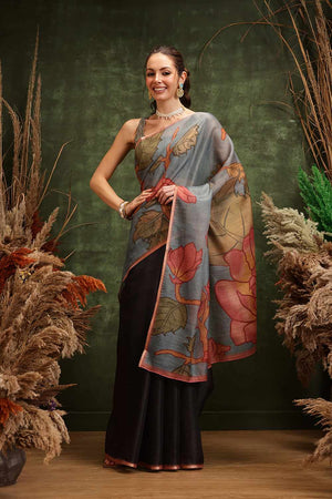 Black Half & Half Floral Printed Silk  Saree