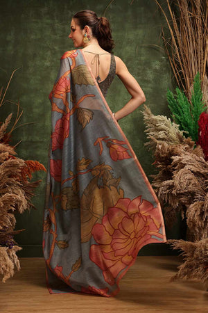 Black Half & Half Floral Printed Silk  Saree