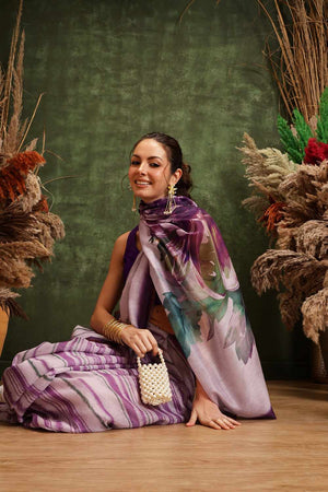 Violet Half & Half Printed Silk  Saree