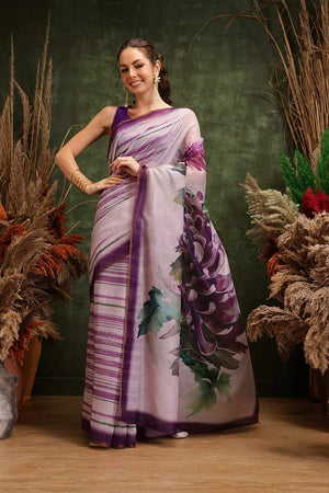 Violet Half & Half Printed Silk  Saree