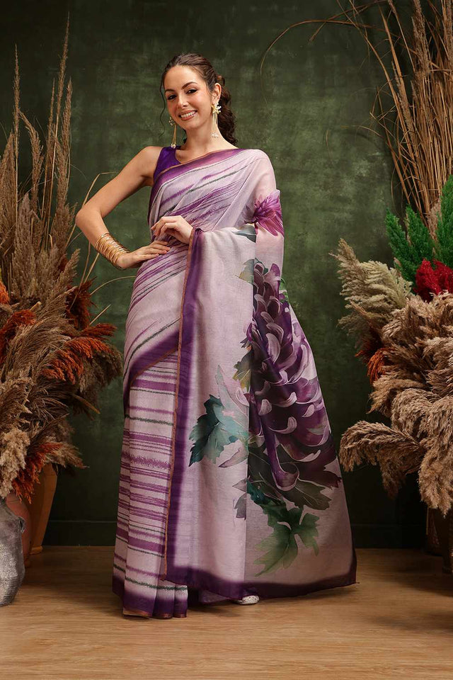 Violet Half & Half Printed Silk  Saree