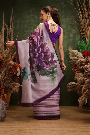 Violet Half & Half Printed Silk  Saree