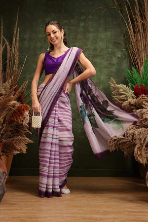 Violet Half & Half Printed Silk  Saree