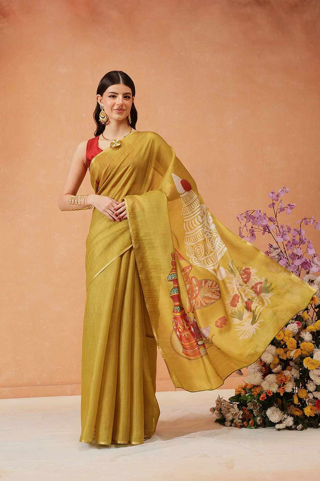 mustard Half & Half Kalamkari Silk  Saree