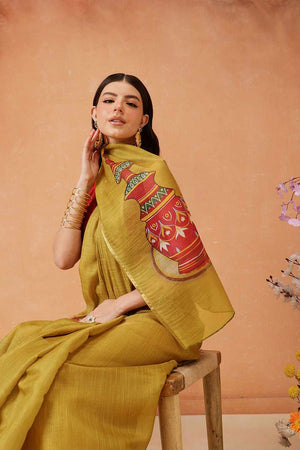 mustard Half & Half Kalamkari Silk  Saree