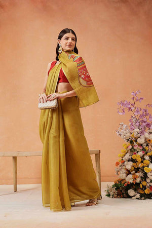 mustard Half & Half Kalamkari Silk  Saree