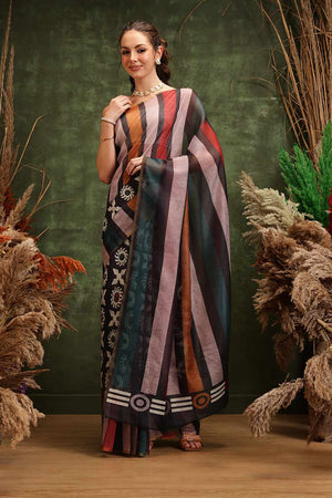 Multi-Color Half & Half Abstract Printed Silk  Saree