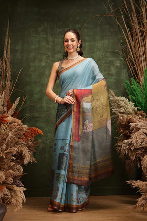 Turquoise Half & Half Kalamkari Silk  Saree