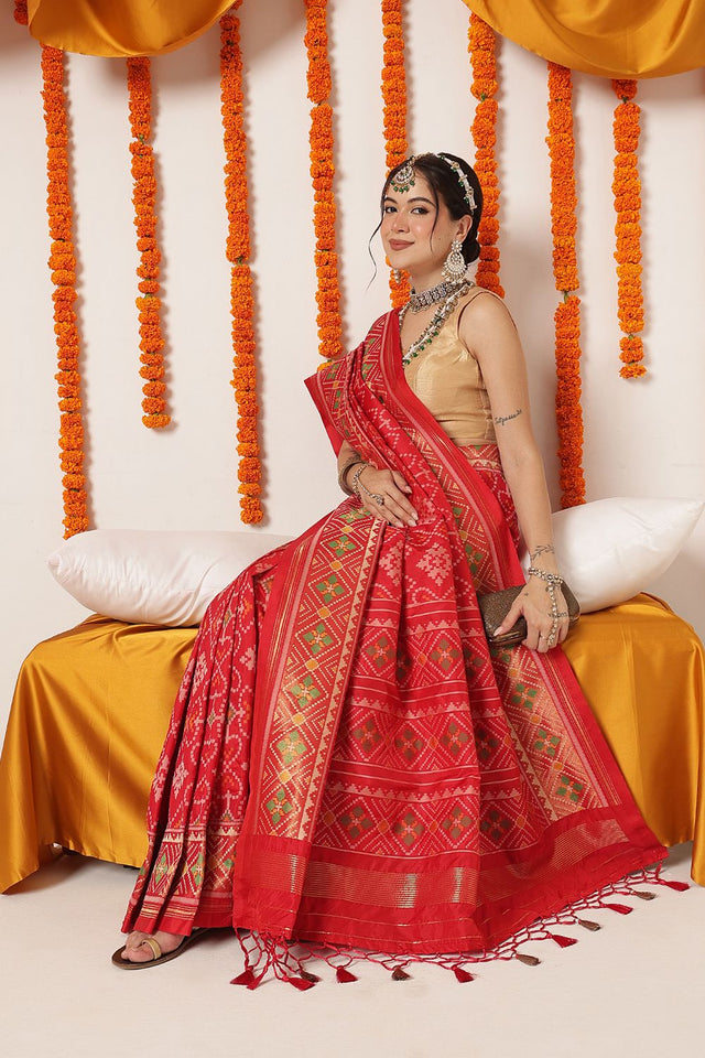 Red Ikkat Woven Silk Saree (SZ-WVPATOLA-3268)