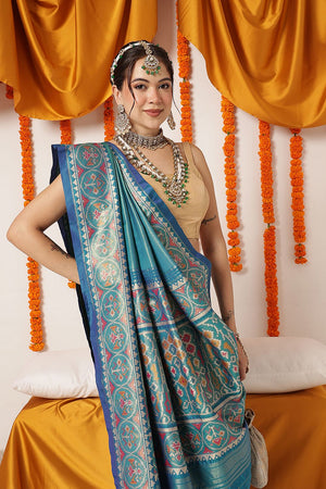 Turquoise Ikkat Woven Silk Saree (SZ-WVPATOLA-3271)
