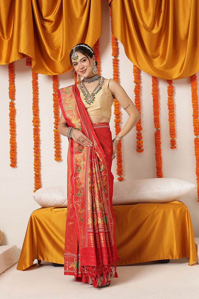 Red Ikkat Woven Silk Saree (SZ-WVPATOLA-3273)