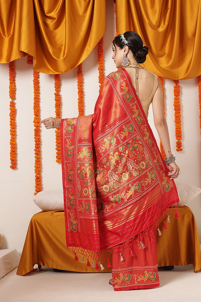 Red Ikkat Woven Silk Saree (SZ-WVPATOLA-3273)