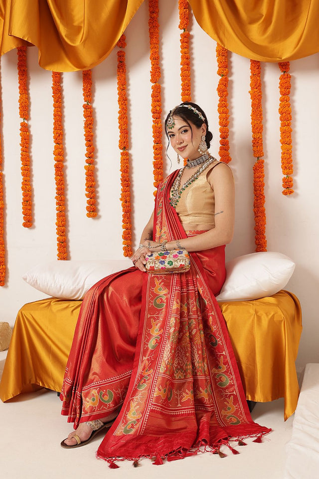 Red Ikkat Woven Silk Saree (SZ-WVPATOLA-3273)