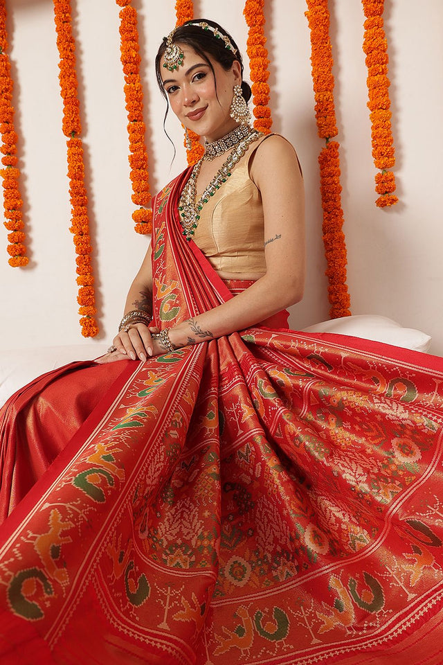 Red Ikkat Woven Silk Saree (SZ-WVPATOLA-3273)