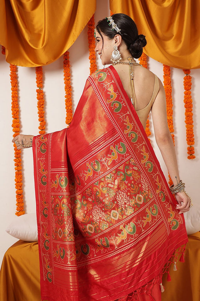 Red Ikkat Woven Silk Saree (SZ-WVPATOLA-3273)