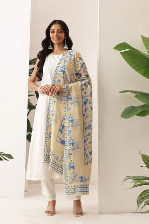 Beige Floral Printed Cotton Dupatta (SZDGDP-BE-178)