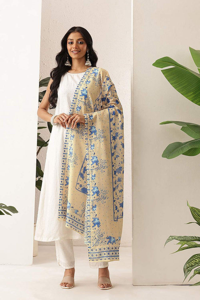 Beige Floral Printed Cotton Dupatta (SZDGDP-BE-178)