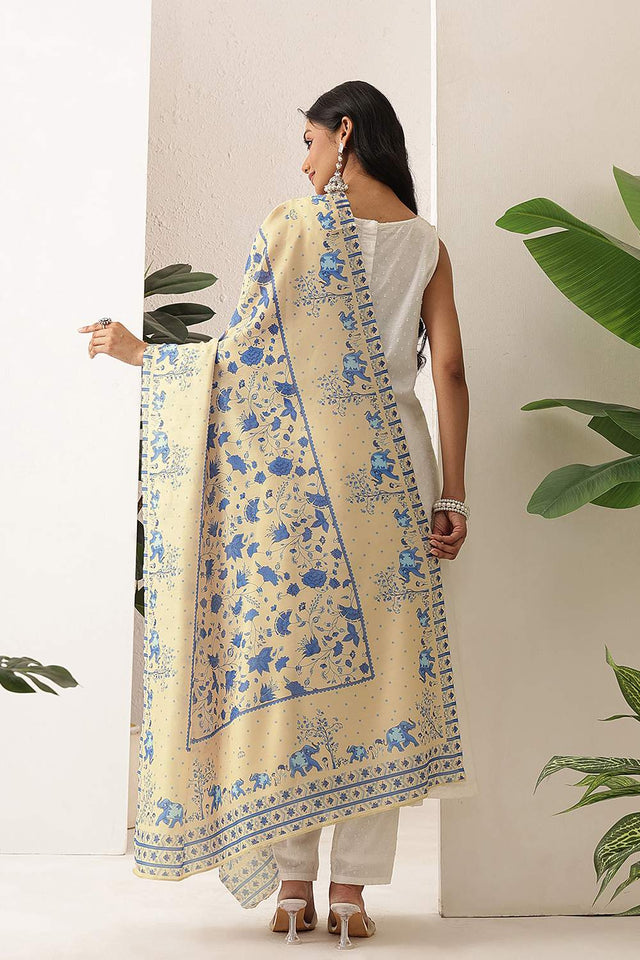 Beige Floral Printed Cotton Dupatta (SZDGDP-BE-178)