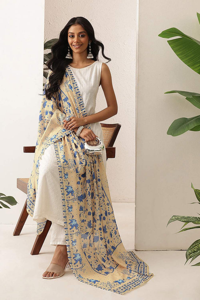 Beige Floral Printed Cotton Dupatta (SZDGDP-BE-178)