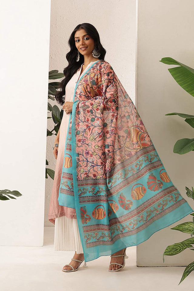 Peach Floral Printed Cotton Dupatta (SZDGDP-PE-176)