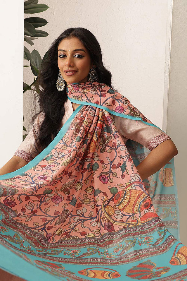 Peach Floral Printed Cotton Dupatta (SZDGDP-PE-176)