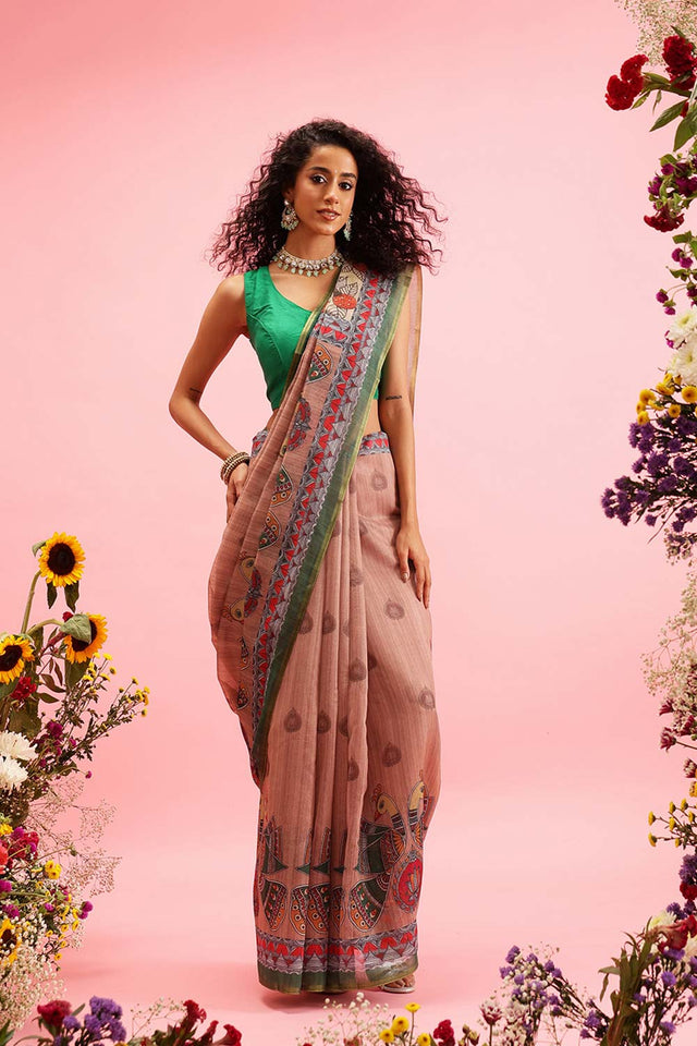 Peach Cotton Blend Printed Madhubani Saree