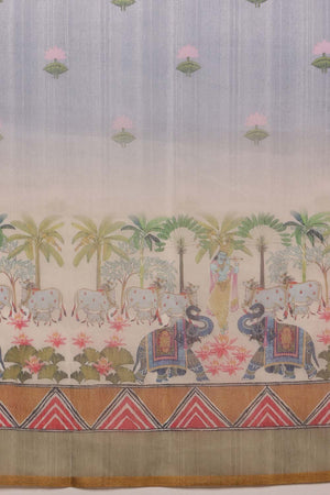 Grey Cotton Blend Printed Madhubani Saree