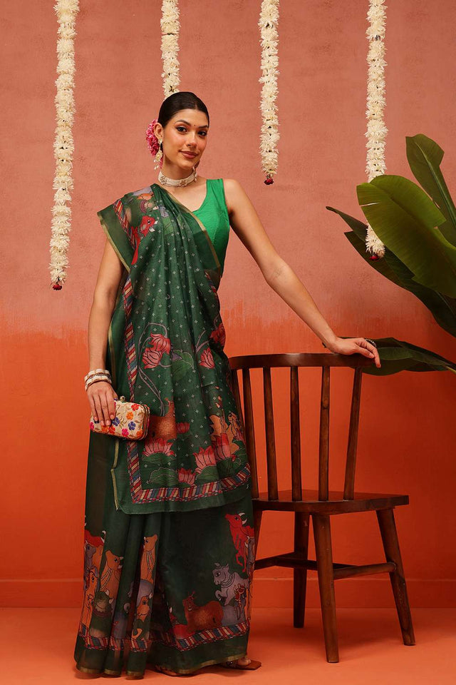 Green Digital Printed Cotton Blend Saree
