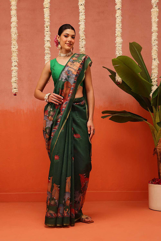 Green Digital Printed Cotton Blend Saree