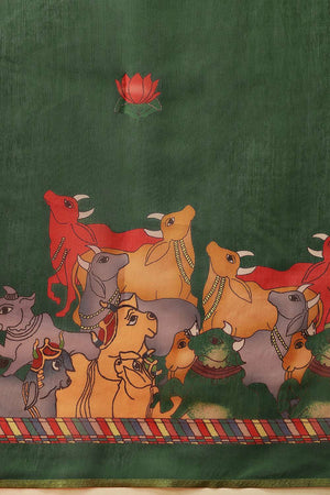 Green Digital Printed Cotton Blend Saree