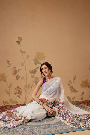 White Kalamkari Printed Cotton Blend Saree
