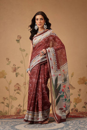 Maroon Bandhani Printed Cotton Blend Saree