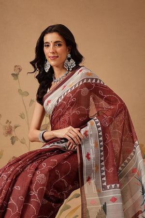 Maroon Bandhani Printed Cotton Blend Saree