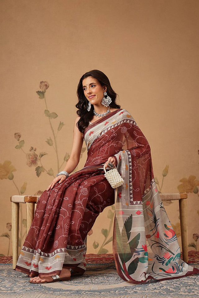 Maroon Bandhani Printed Cotton Blend Saree