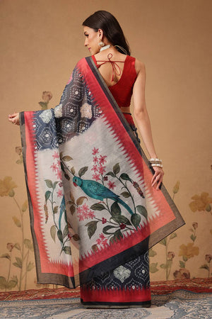Grey Bandhani Printed Cotton Blend Saree